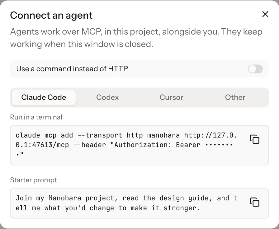 The Connect an agent dialog, with tabs for Claude Code, Codex, Cursor and other clients and the line to paste