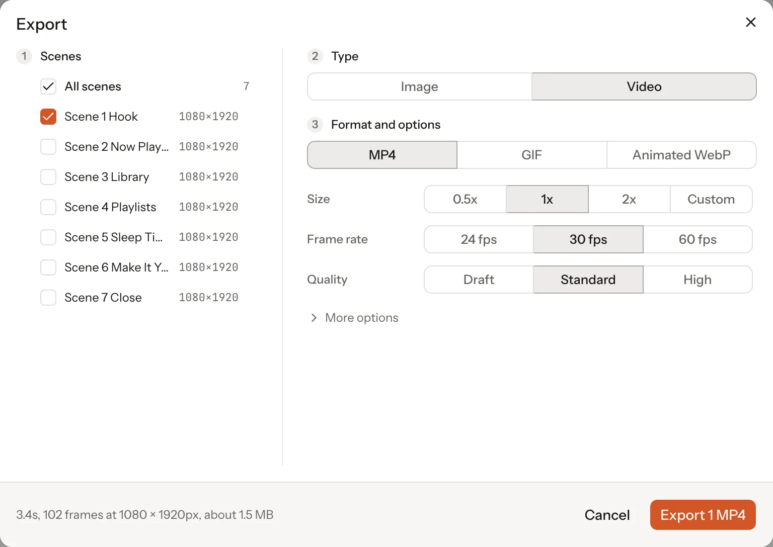 The Export dialog set to video: MP4, GIF or animated WebP, size, frame rate and quality
