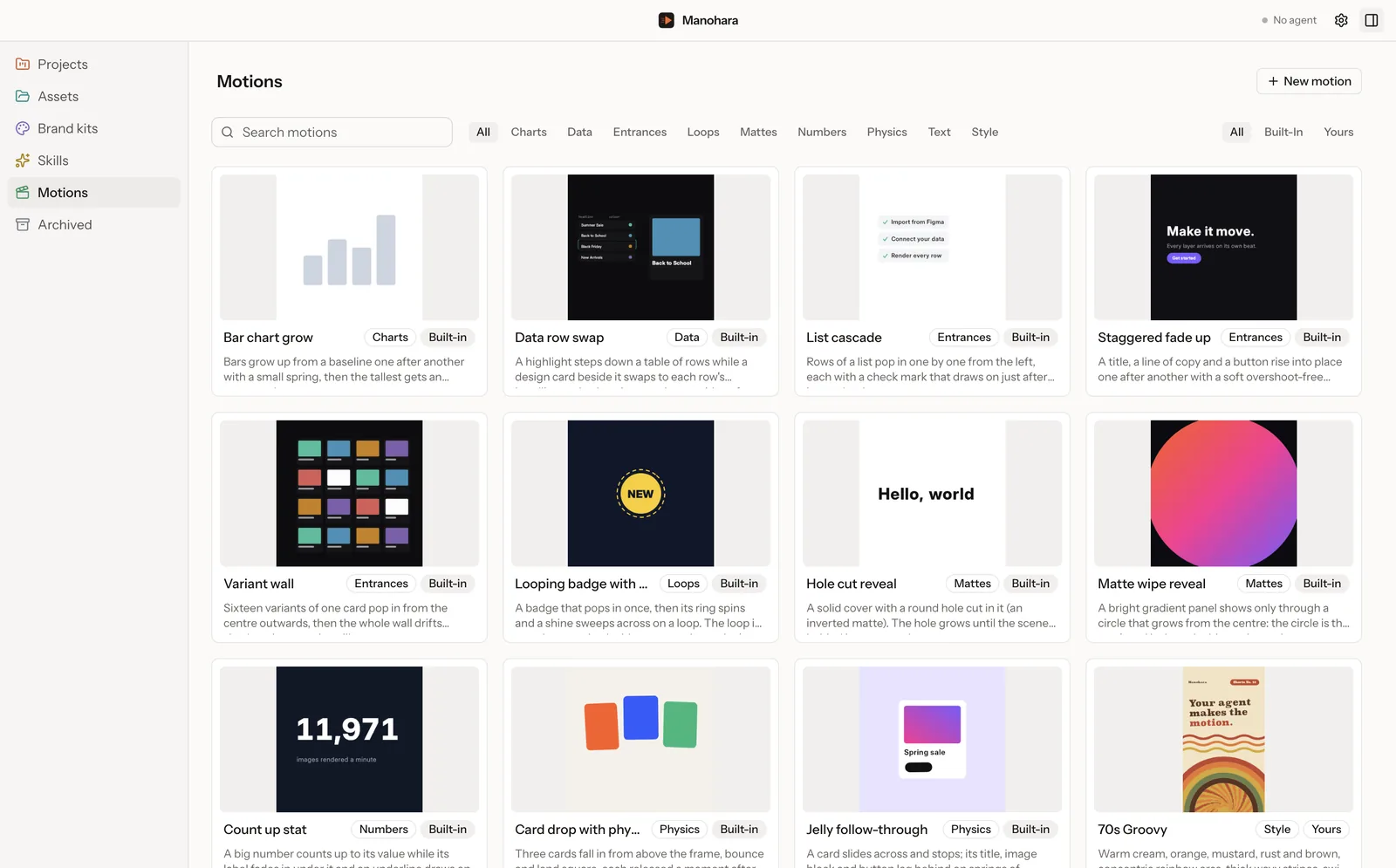 The Motions library: built-in and saved motions such as bar chart grow, list cascade and count up stat, filtered by kind