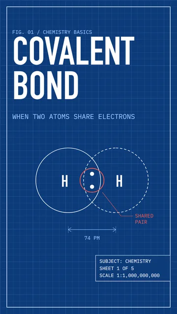 Blue blueprint reel cover: covalent bond, two hydrogen atoms sharing electrons