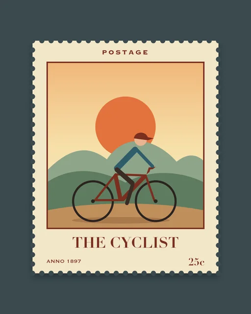 Illustrated postage stamp of a cyclist riding past hills under an orange sun