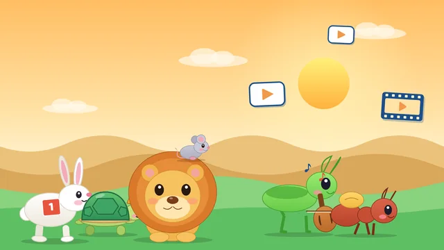 A parade of fable characters: hare, tortoise, lion, mouse, grasshopper and ant