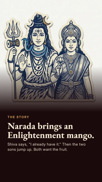 Illustration of Shiva and Parvati above the line Narada brings an enlightenment mango