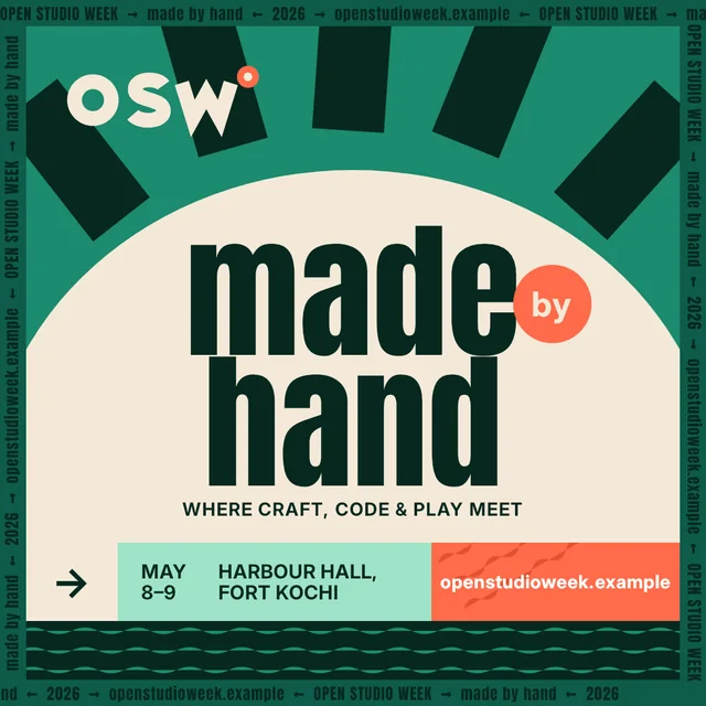 Green and cream event poster reading made by hand, where craft, code and play meet
